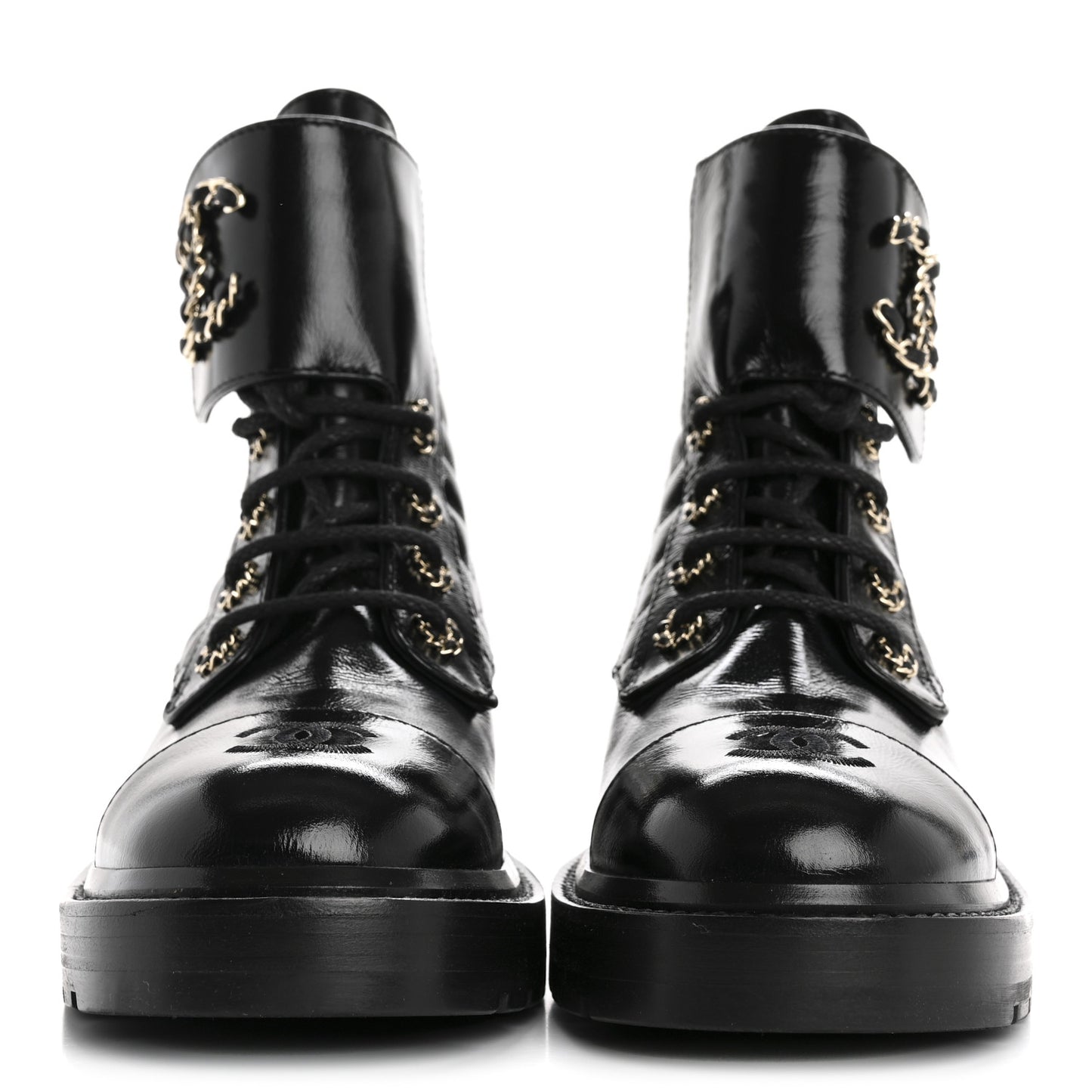 Shiny Calfskin Quilted Lace Up Combat Boots 38.5 Black