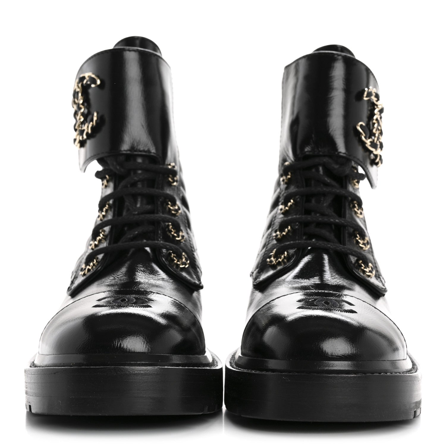 Chanel Shiny Calfskin Quilted Lace Up Combat Boots 38.5 Black 3 of 10