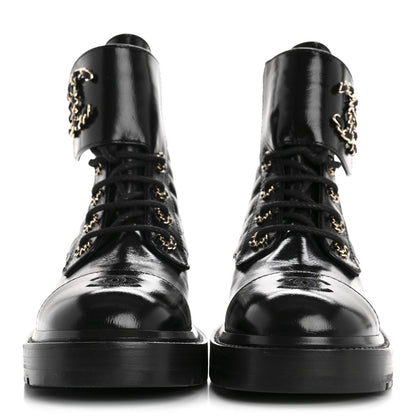 Chanel Shiny Calfskin Quilted Lace Up Combat Boots 38.5 Black 3 of 10