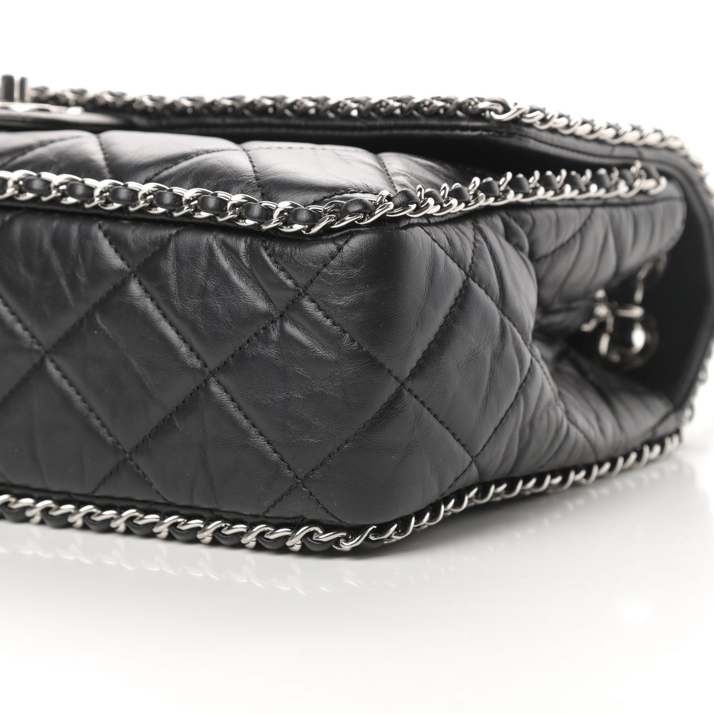 Crumpled Calfskin Quilted Large Chain All Over Flap Bag Black