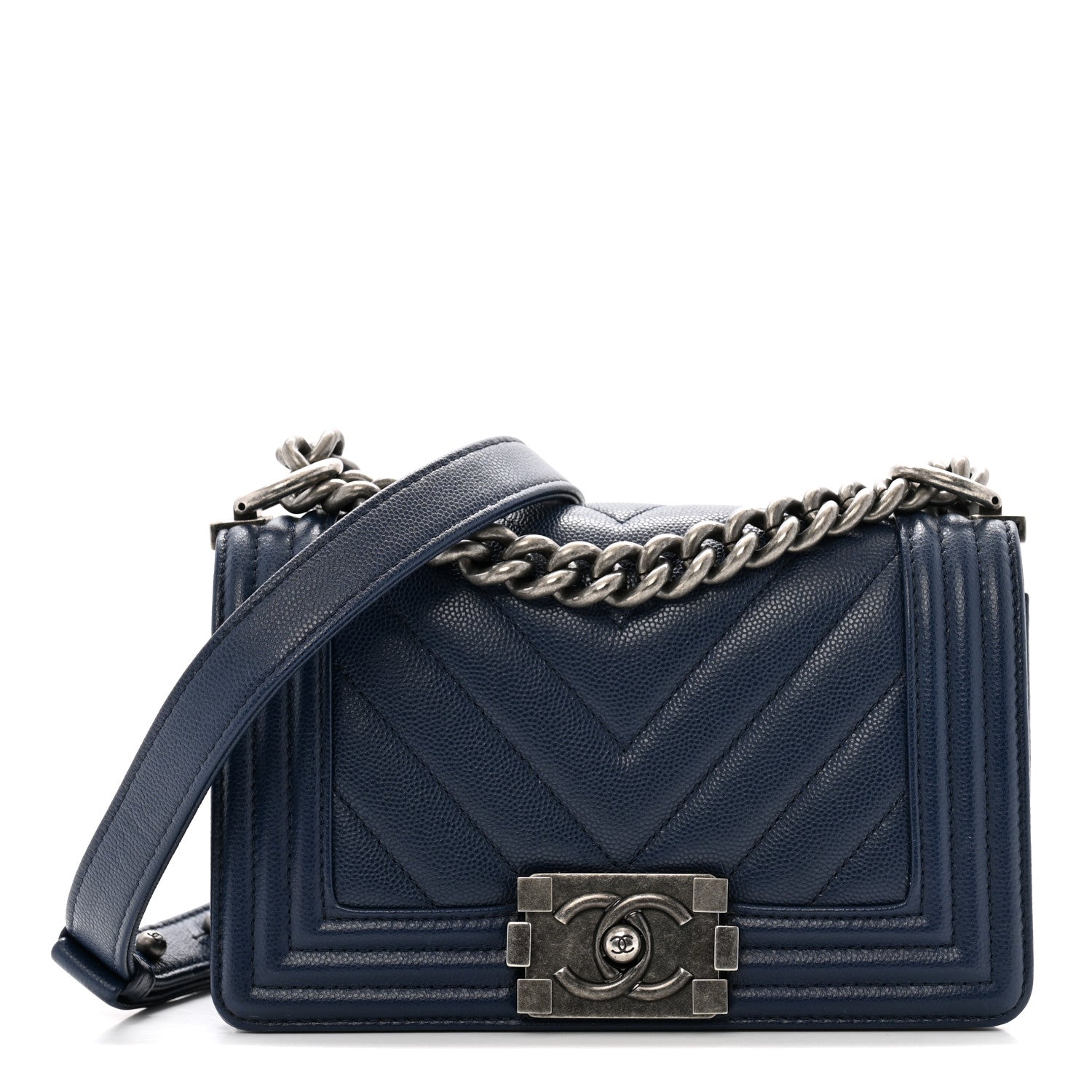 Chanel Caviar Chevron Quilted Small Boy Flap Navy Blue 1 of 13