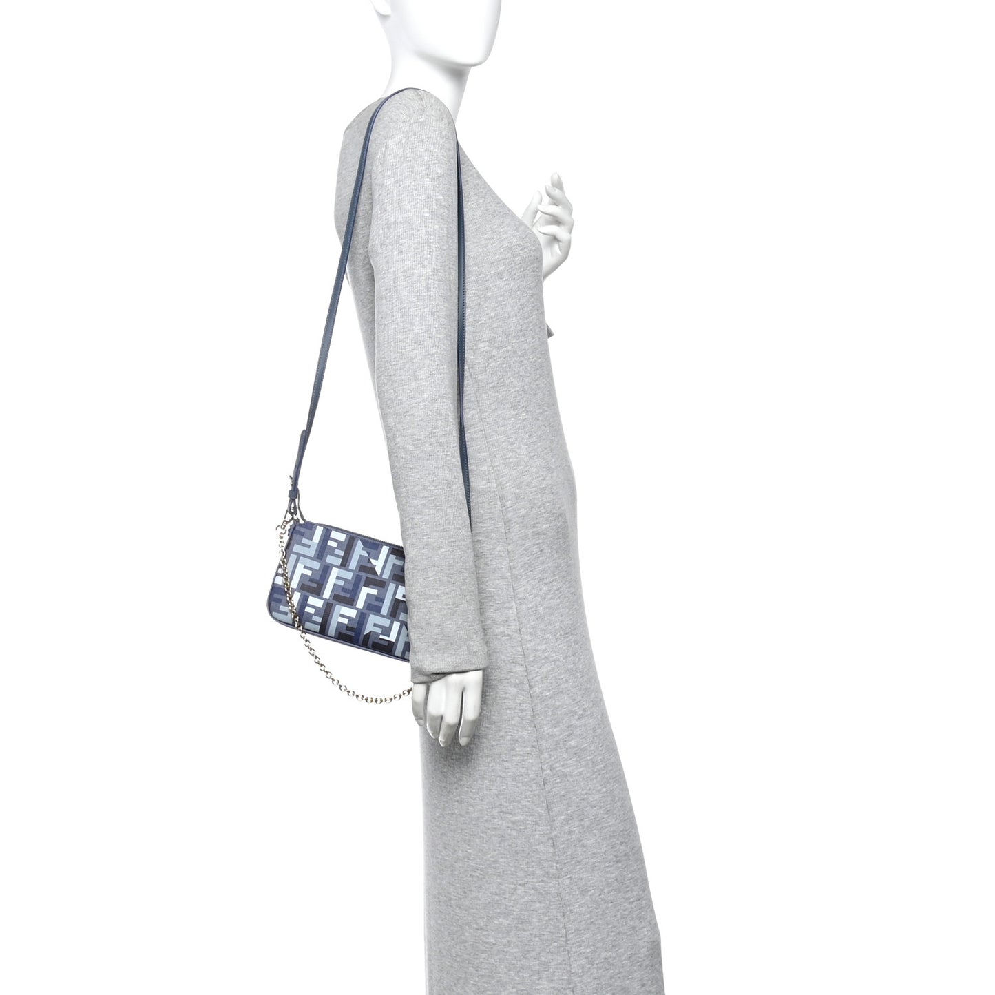 Fabric Jacquard Vitello Grace FF 1974 Baguette Pouch Blue