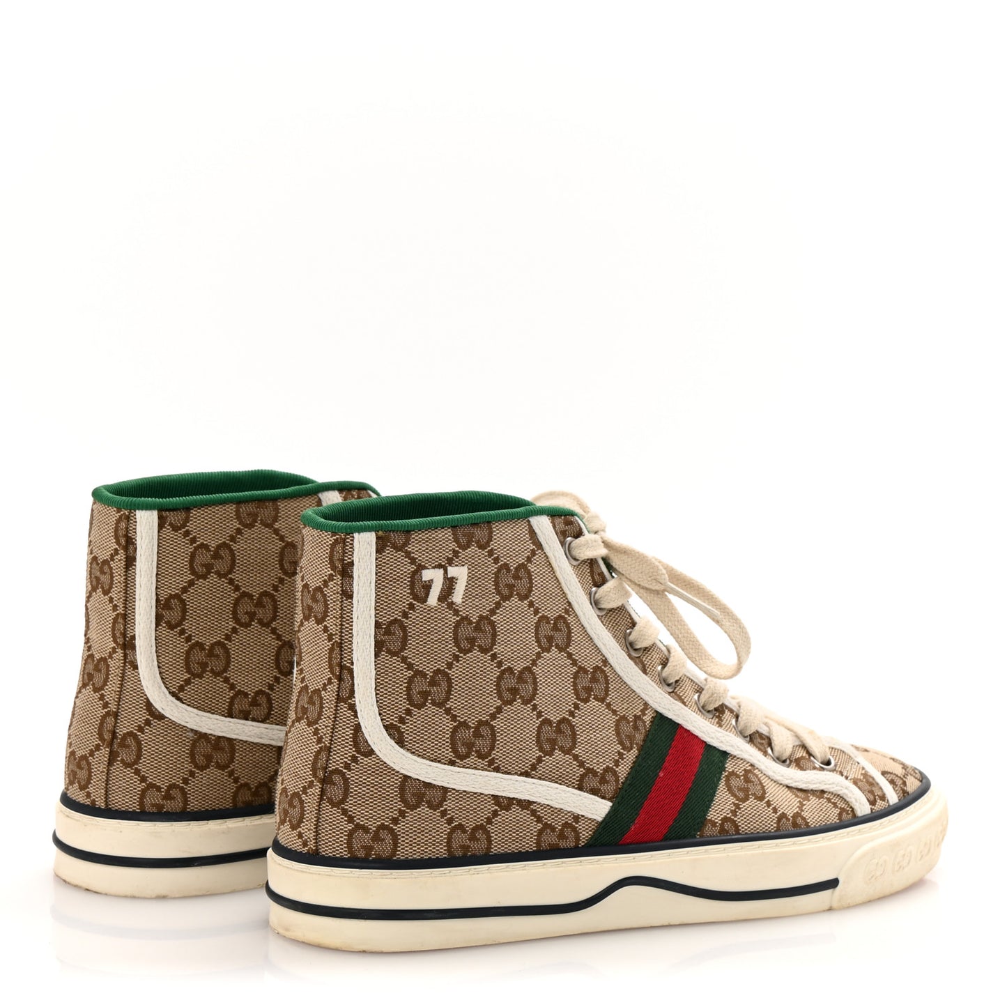 GG Monogram Web Womens 1977 Tennis High Top Sneakers 37.5 Beige Ebony Mystic White