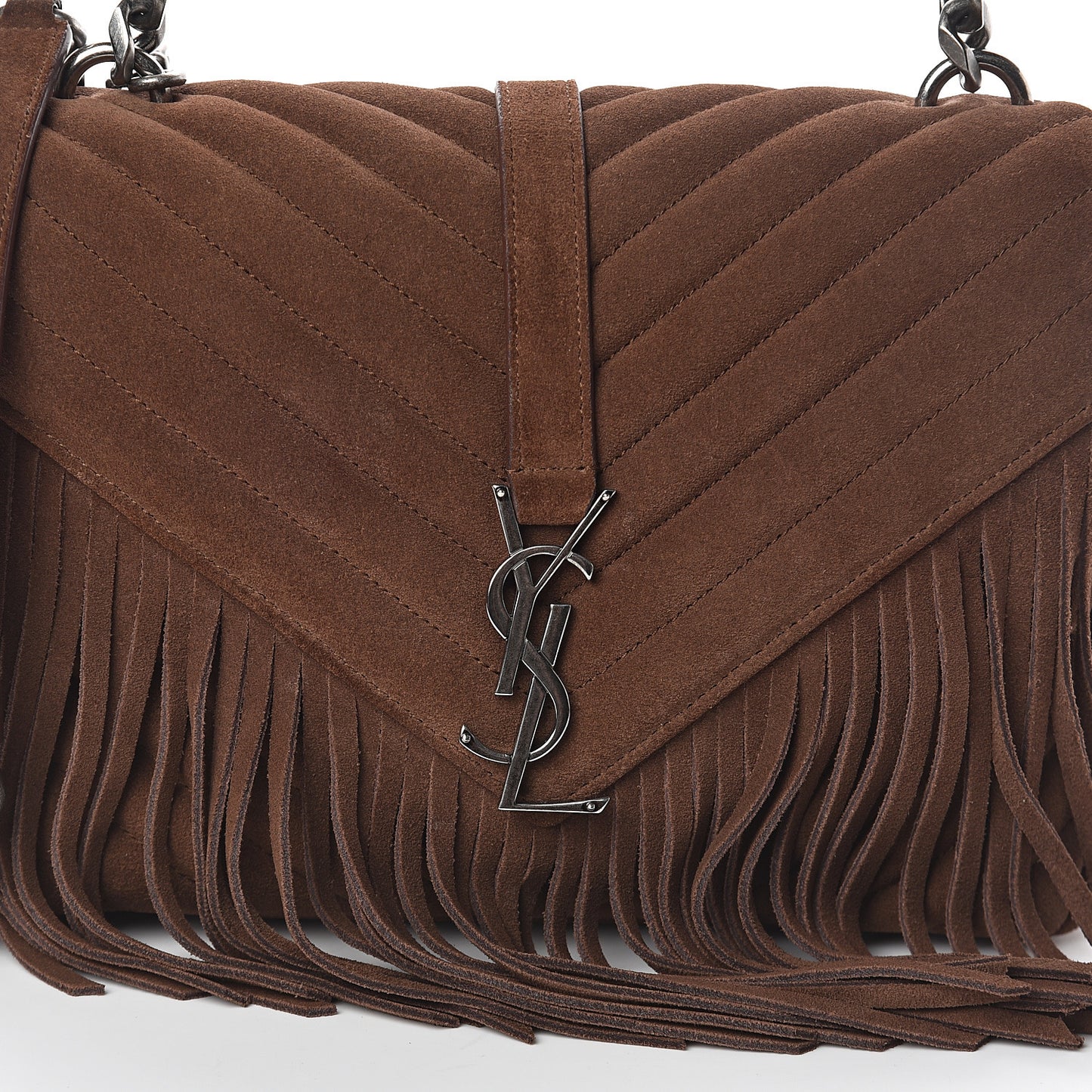 Suede Matelasse Chevron Fringe Monogram Medium College Bag Marron Clair