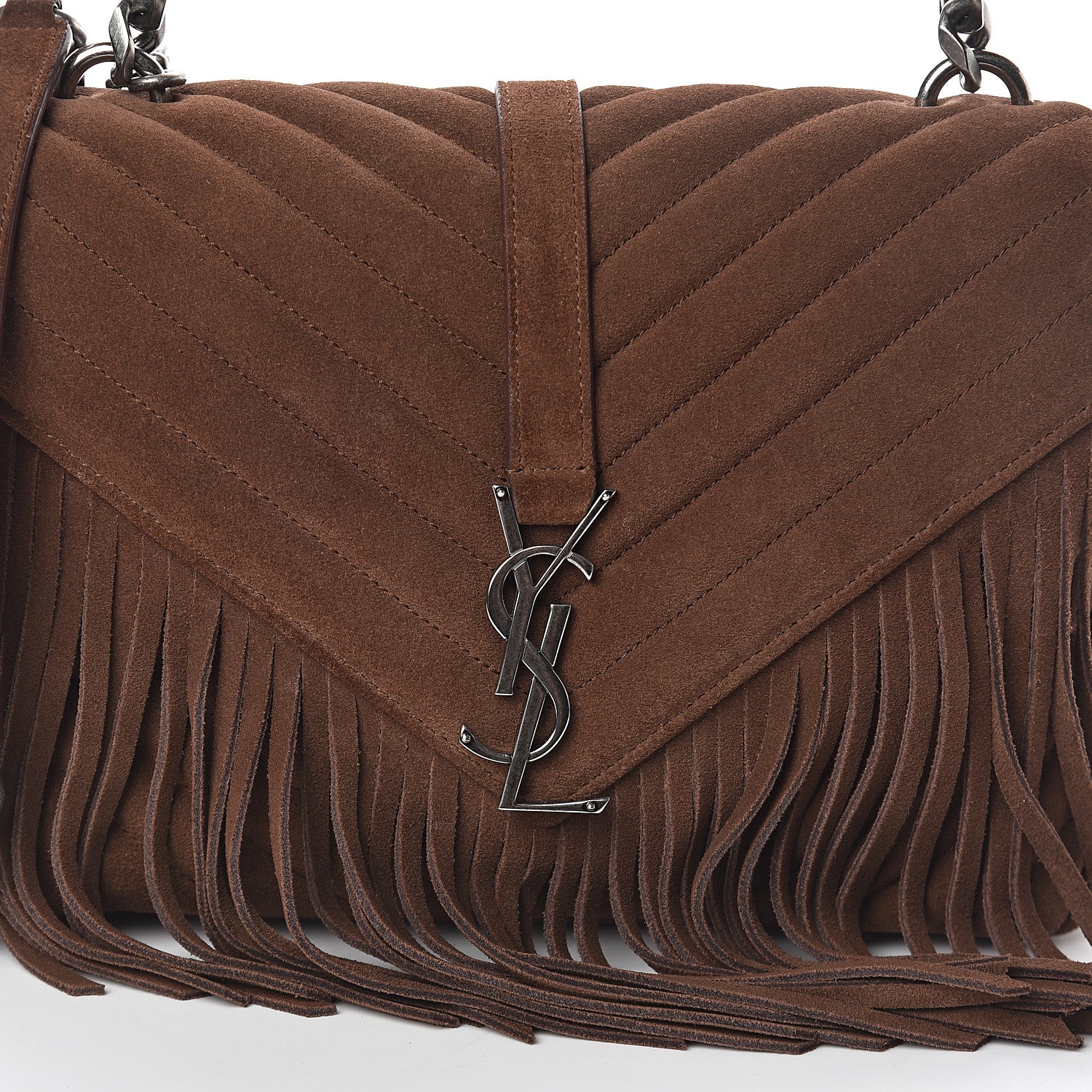 Saint Laurent Suede Matelasse Chevron Fringe Monogram Medium College Bag Marron Clair 7 of 9
