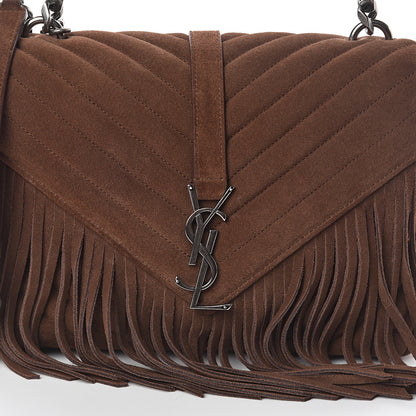 Saint Laurent Suede Matelasse Chevron Fringe Monogram Medium College Bag Marron Clair 7 of 9