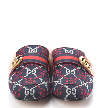 Gucci Canvas GG Monogram Diamond Fur Web GG Mens Princetown Slippers 6 Midnight Blue Hibiscus Red 2 of 8