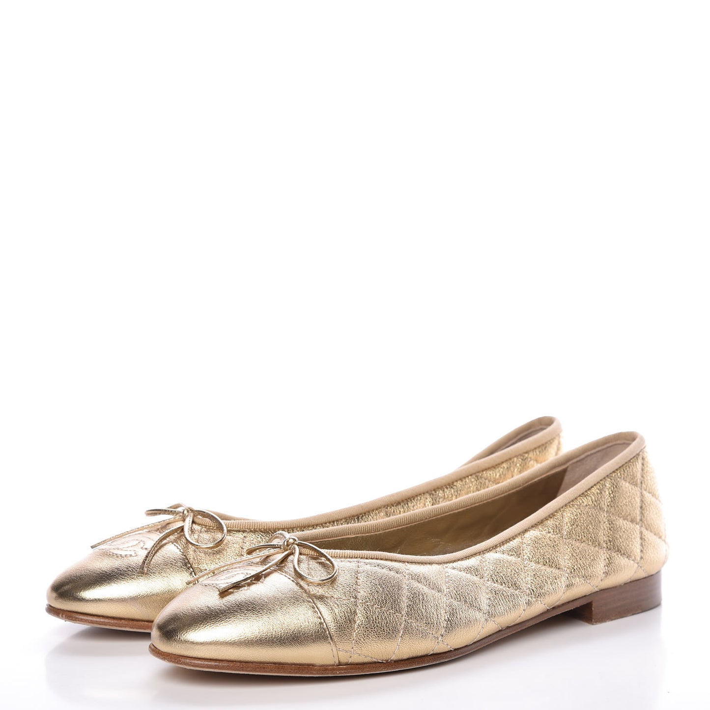 Metallic Lambskin Quilted CC Cap Toe Ballet Flats 40 Gold