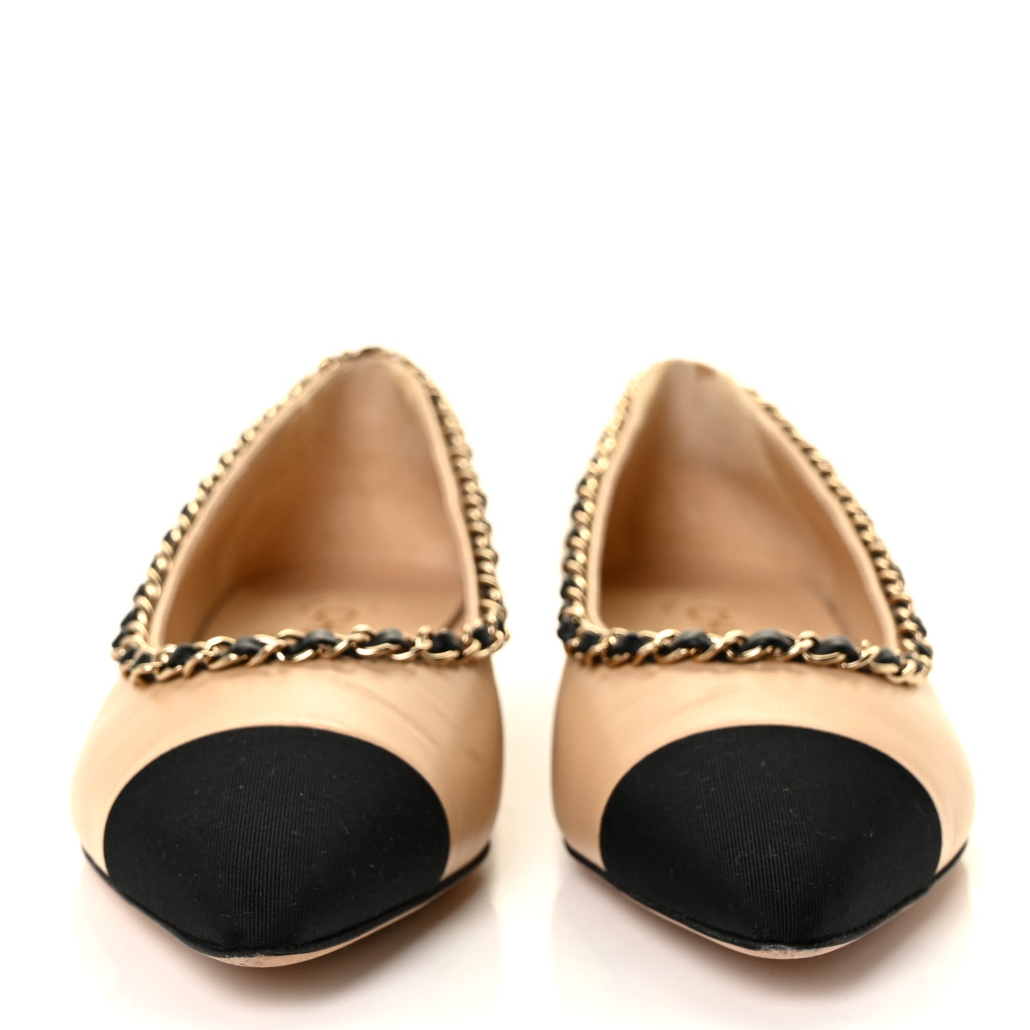 Lambskin Grosgrain Chain Cap Toe Flats 37.5 Beige Black