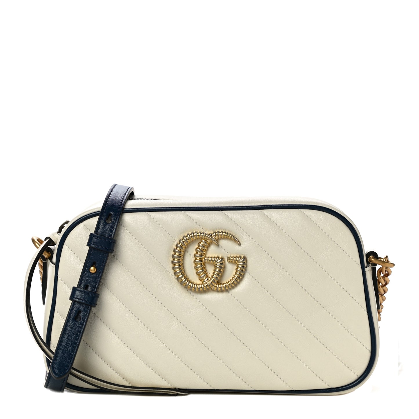 Vintage Effect Calfskin Matelasse Diagonal Small Torchon GG Marmont Chain Shoulder Bag Mystic White Blue Agata