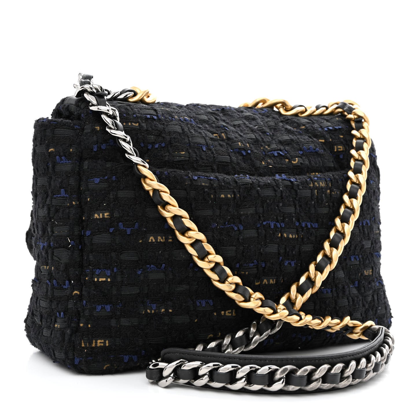 Tweed Quilted Large Chanel 19 Flap Black Navy Gold