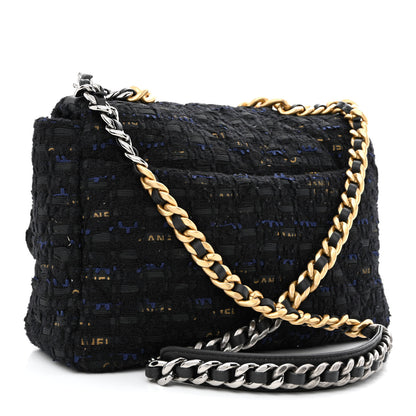 Chanel Tweed Quilted Large Chanel 19 Flap Black Navy Gold 3 of 10