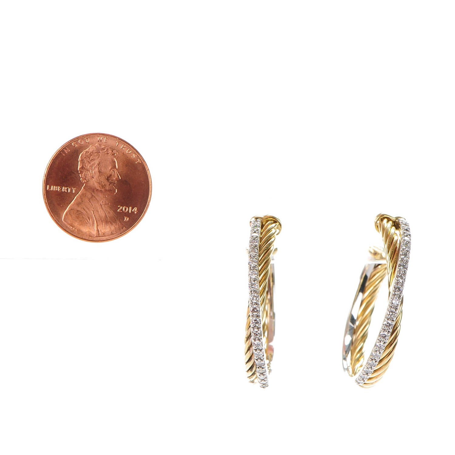 David Yurman 18K Yellow Gold Diamond Crossover Medium Hoop Earrings 2 of 5