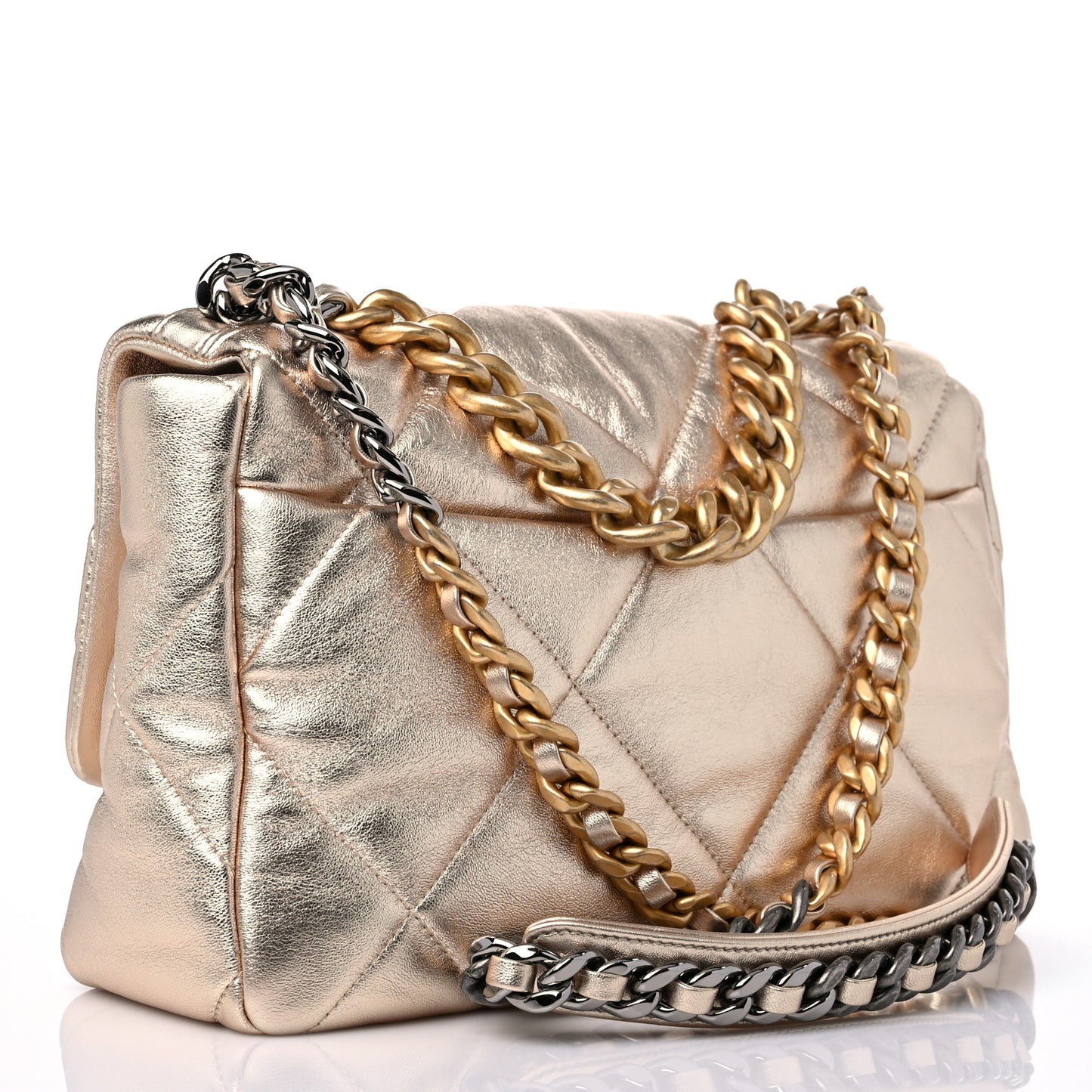 Metallic Lambskin Quilted Large Chanel 19 Flap Gold