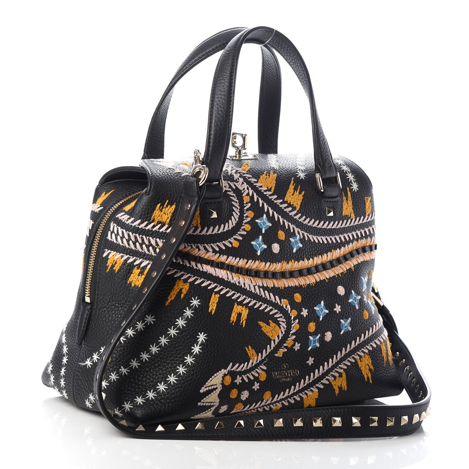 Valentino Garavani Calfskin Embroidered Rockstud Tote Black 3 of 9