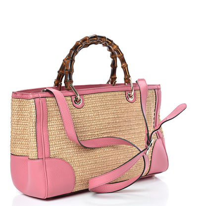 Gucci Calfskin Straw Medium Bamboo Shopper Tote Pink 2 of 10