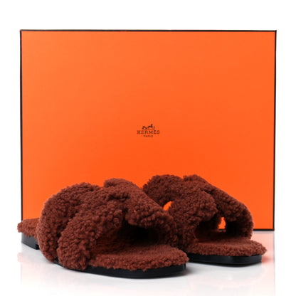 Hermes Woolskin Oran Sandals 37.5 Cognac 9 of 9