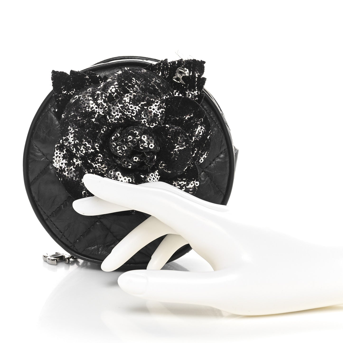 Aged Calfskin Sequin Quilted Camelia Clutch Black