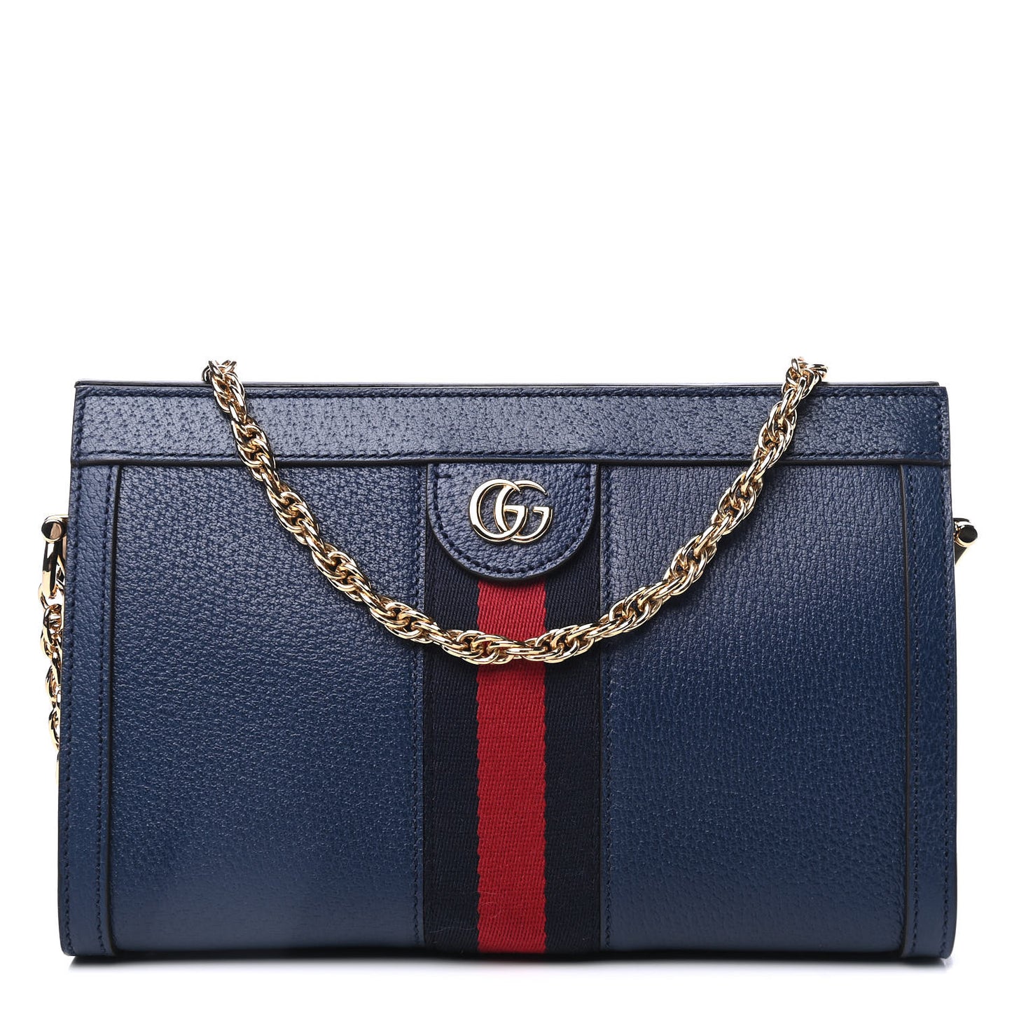 Textured Calfskin Web Small Ophidia Chain Shoulder Bag Blue Agata