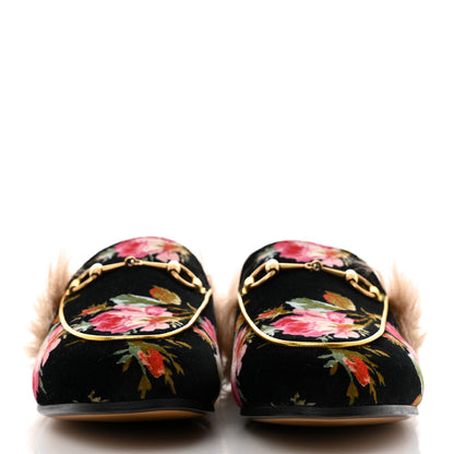 Gucci Velvet Fur Floral Princetown Slippers 38 Black 2 of 8
