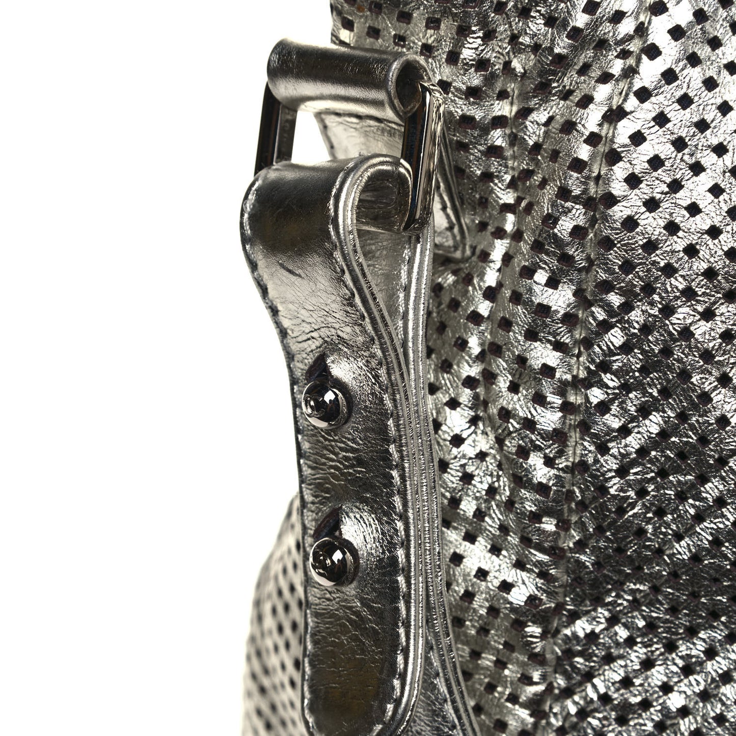 Metallic Glazed Calfskin Perforated Medium Rodeo Drive Tote Silver