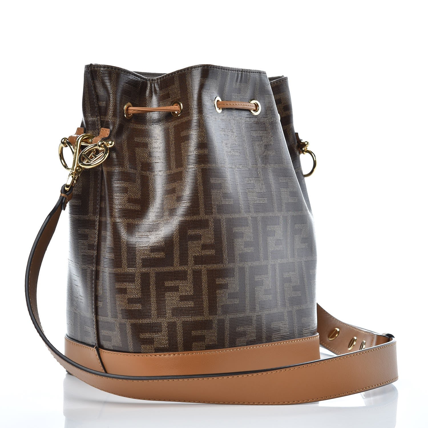 Fendi Glazed Fabric Vitello Grace F is Fendi FF 1974 Stamp Patch Grande Mon Tresor Bucket Bag Mogano Panna Nocciola 3 of 8