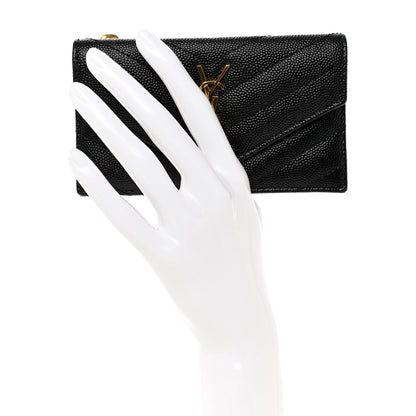 Saint Laurent Grain De Poudre Matelasse Chevron Monogram Compact Wallet Black 2 of 9
