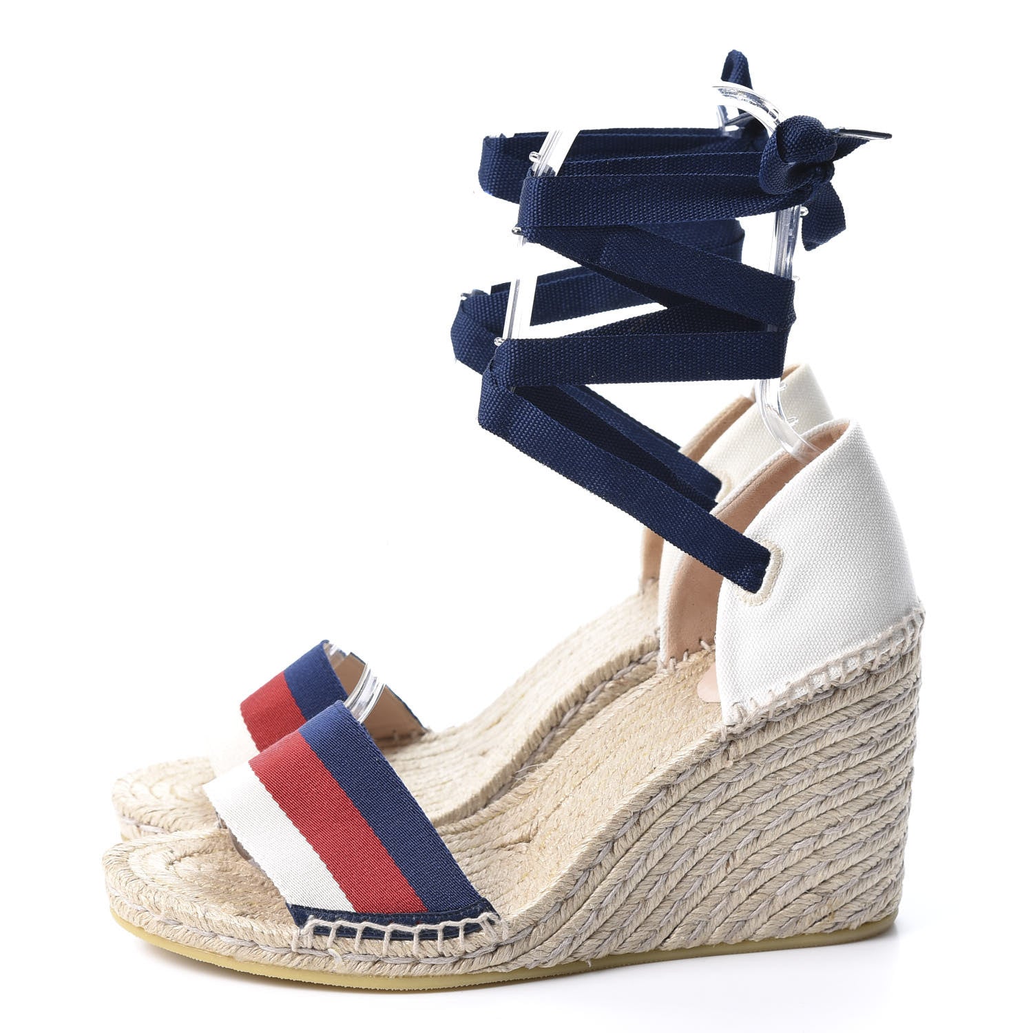 Gucci Canvas Sylvie Web Ankle Wrap Espadrille Wedge Sandals 42 Mystic White Hibiscus Red Maritime 3 of 10