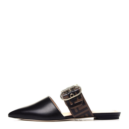 Fendi Vitello FF Embossed Buckle Flat Mules 37.5 Maya Black 1 of 10
