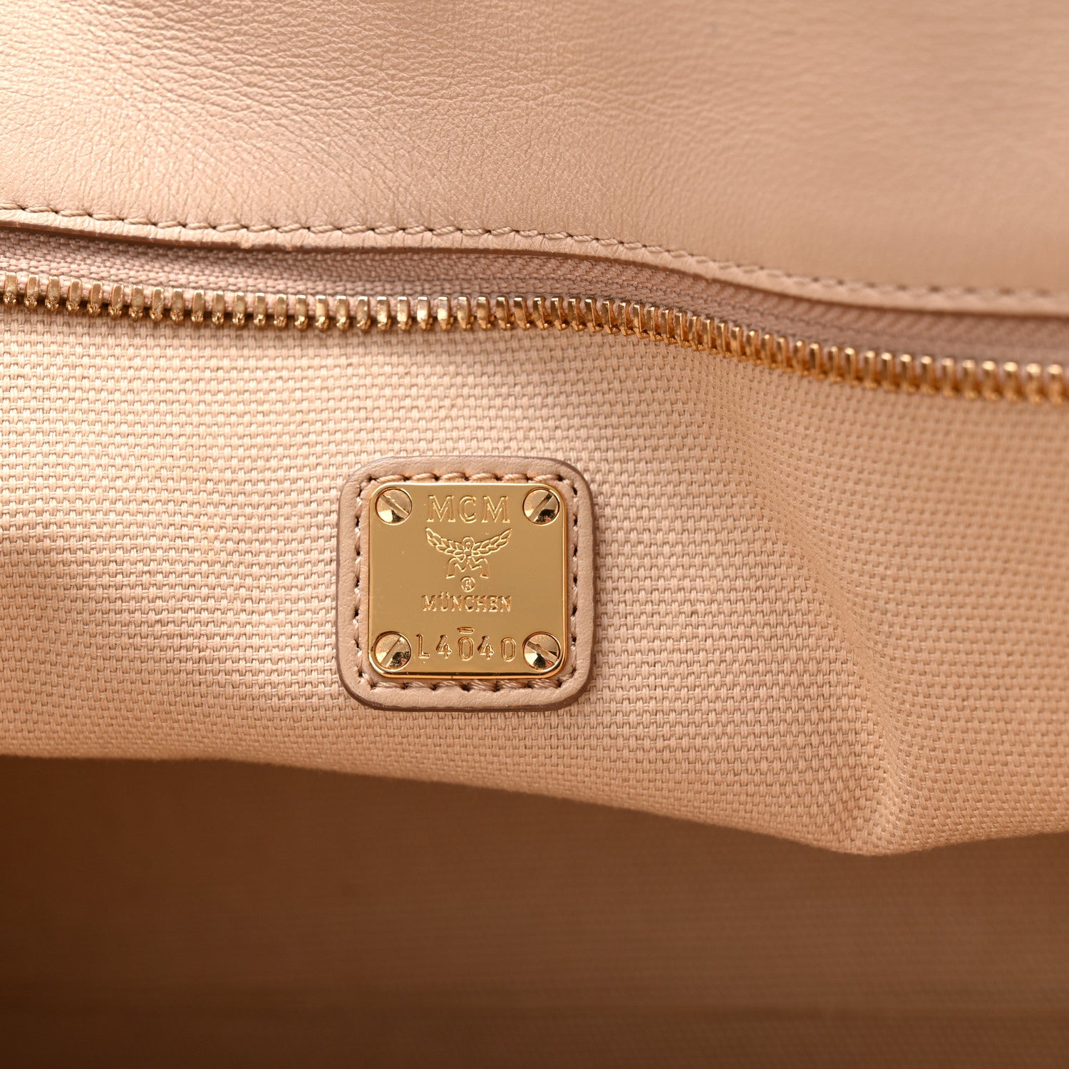 MCM Visetos Medium Studded Rabbit Top Zip Shopper Tote Beige