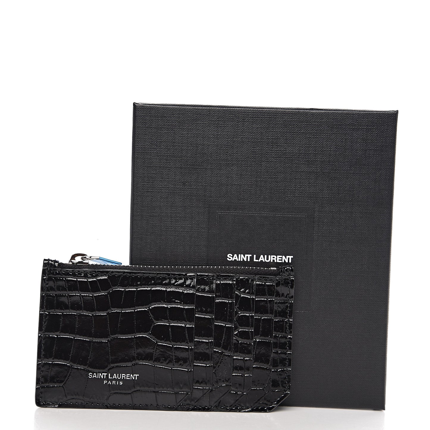 Calfskin Crocodile Embossed 5 Fragments Zip Card Holder Black