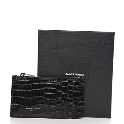 Saint Laurent Calfskin Crocodile Embossed 5 Fragments Zip Card Holder Black 6 of 6