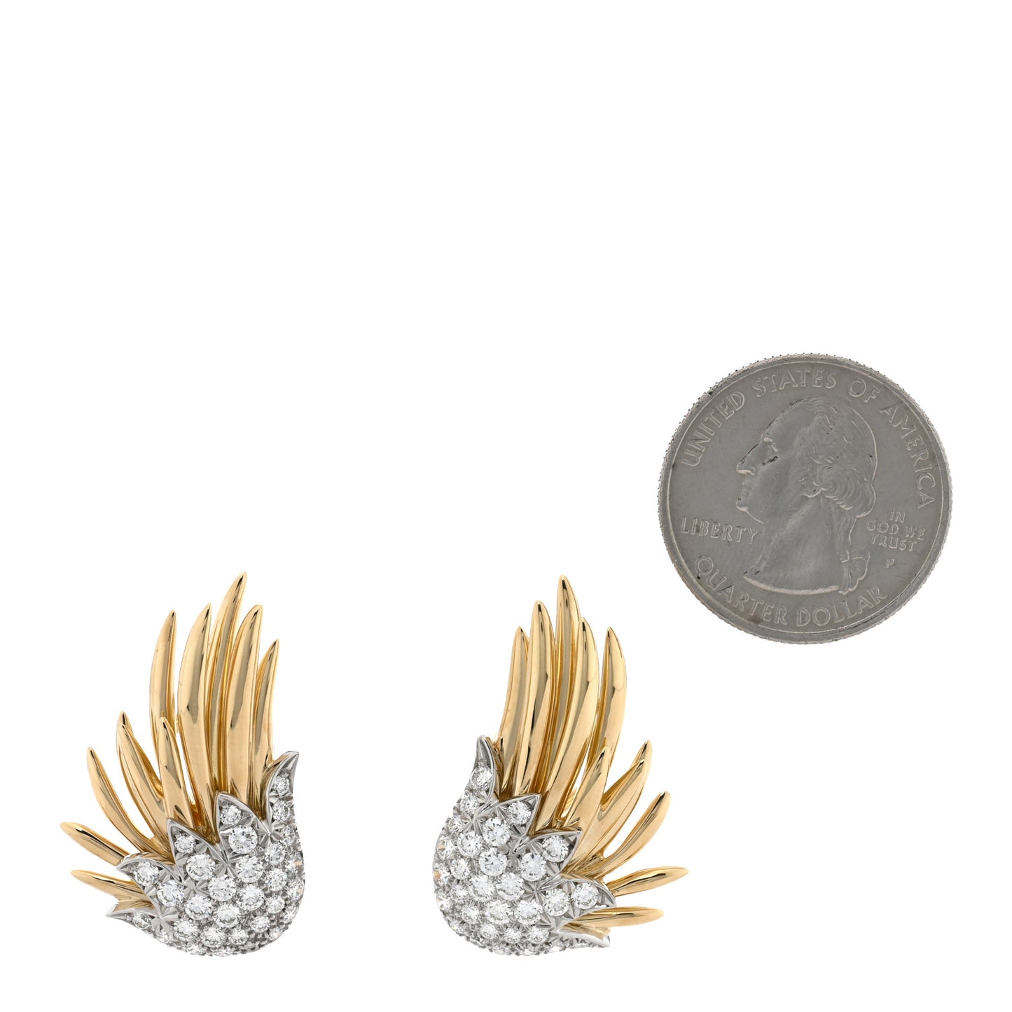 18K Yellow Gold Platinum Diamond Schlumberger Flame Clip On Earrings