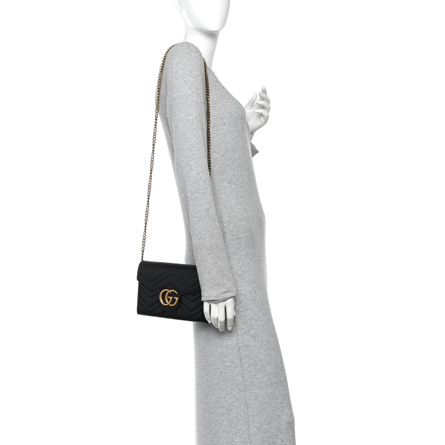 Gucci Calfskin Matelasse GG Marmont Chain Wallet Black 2 of 13