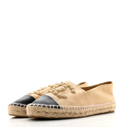 Chanel Lambskin CC Camellia Stud Espadrilles 40 Beige Black 3 of 11