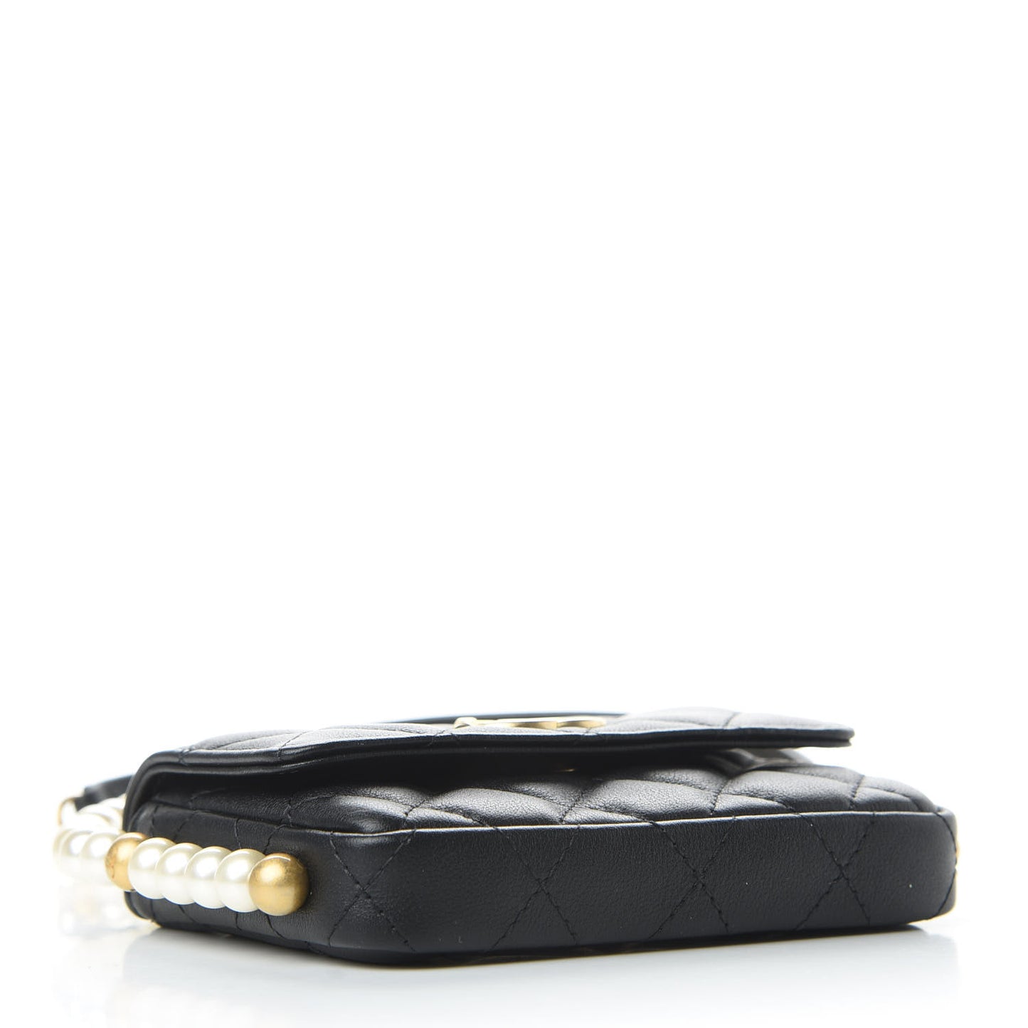 Calfskin Quilted About Pearls Card Holder Flap With Chain Black