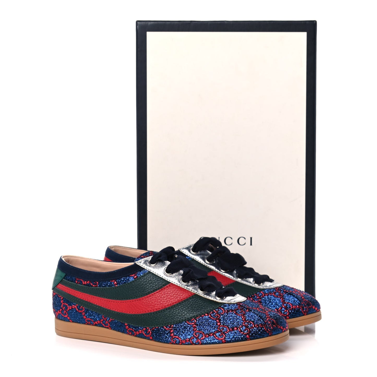 Lurex Calfskin Web GG Monogram Womens Falacer Sneakers 36.5 Iridescent Blue Iridescent Red Silver
