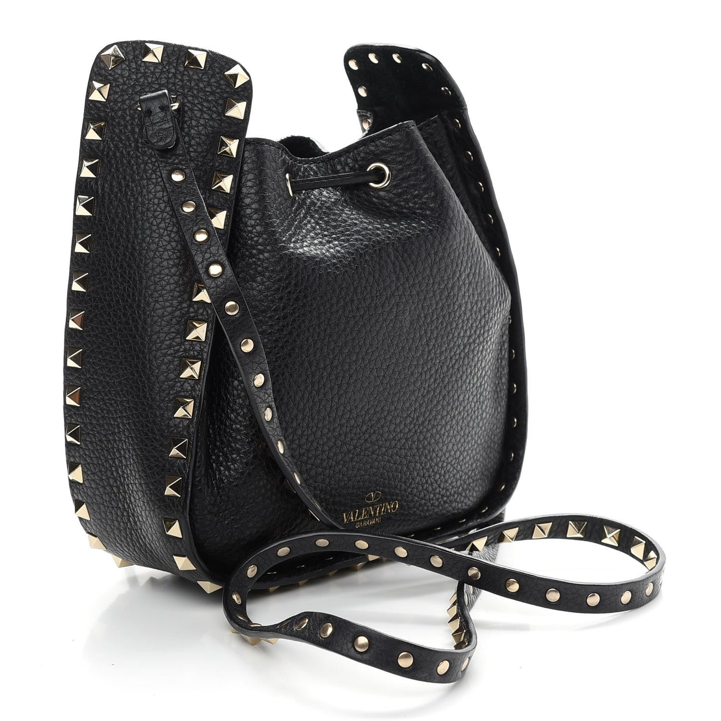 Grained Calfskin Rockstud Bucket Bag Black