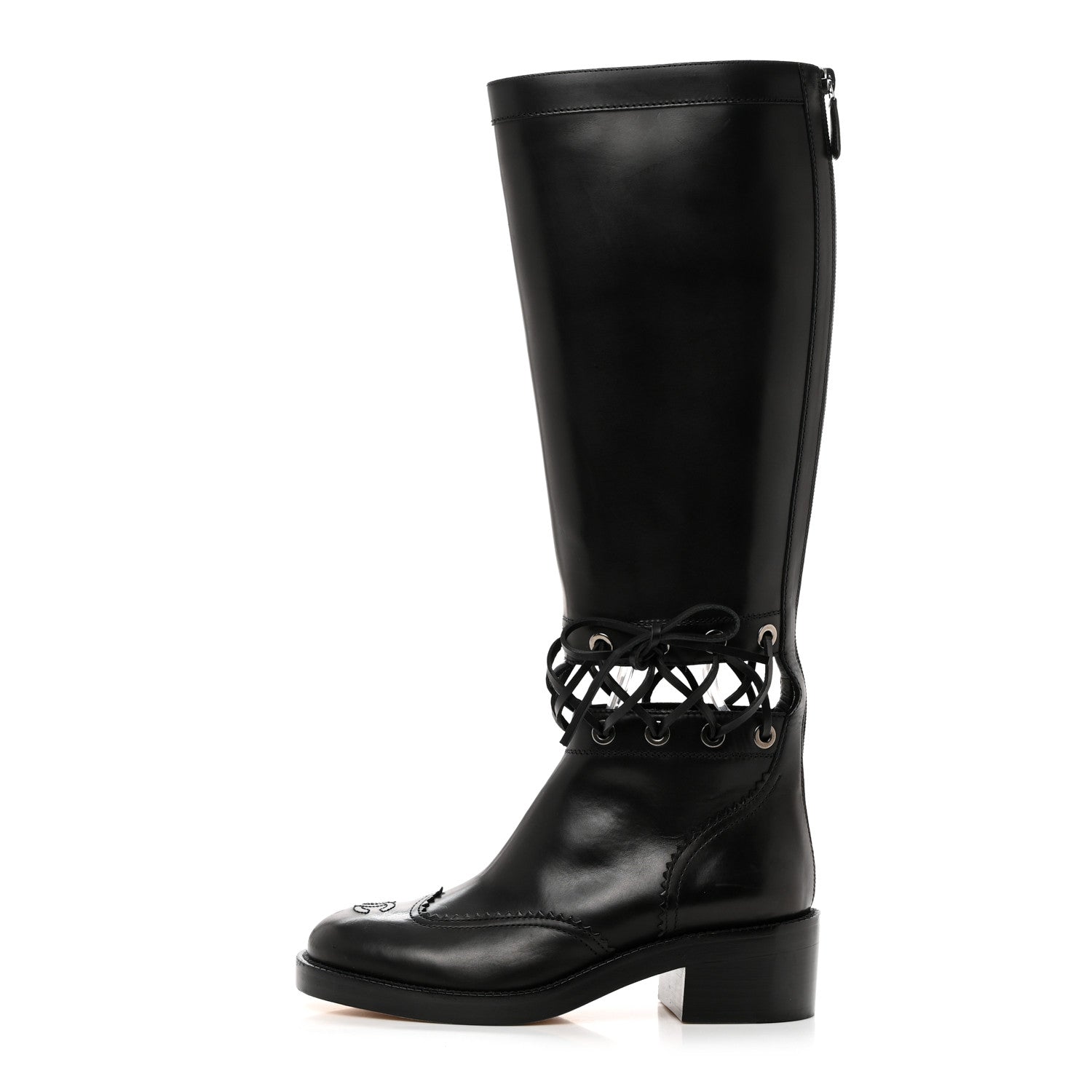 Chanel Calfskin Lace Up Knee High Boots 36.5 Black 1 of 7