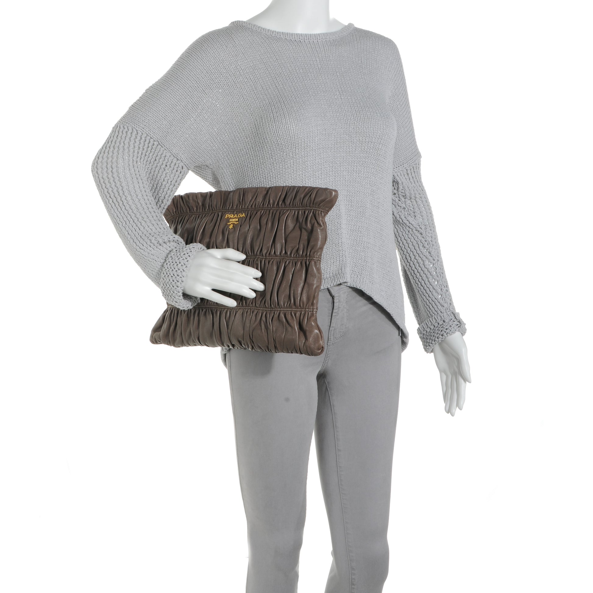 Prada Nappa Dressy Gaufre Ruched Clutch Bambu 2 of 8