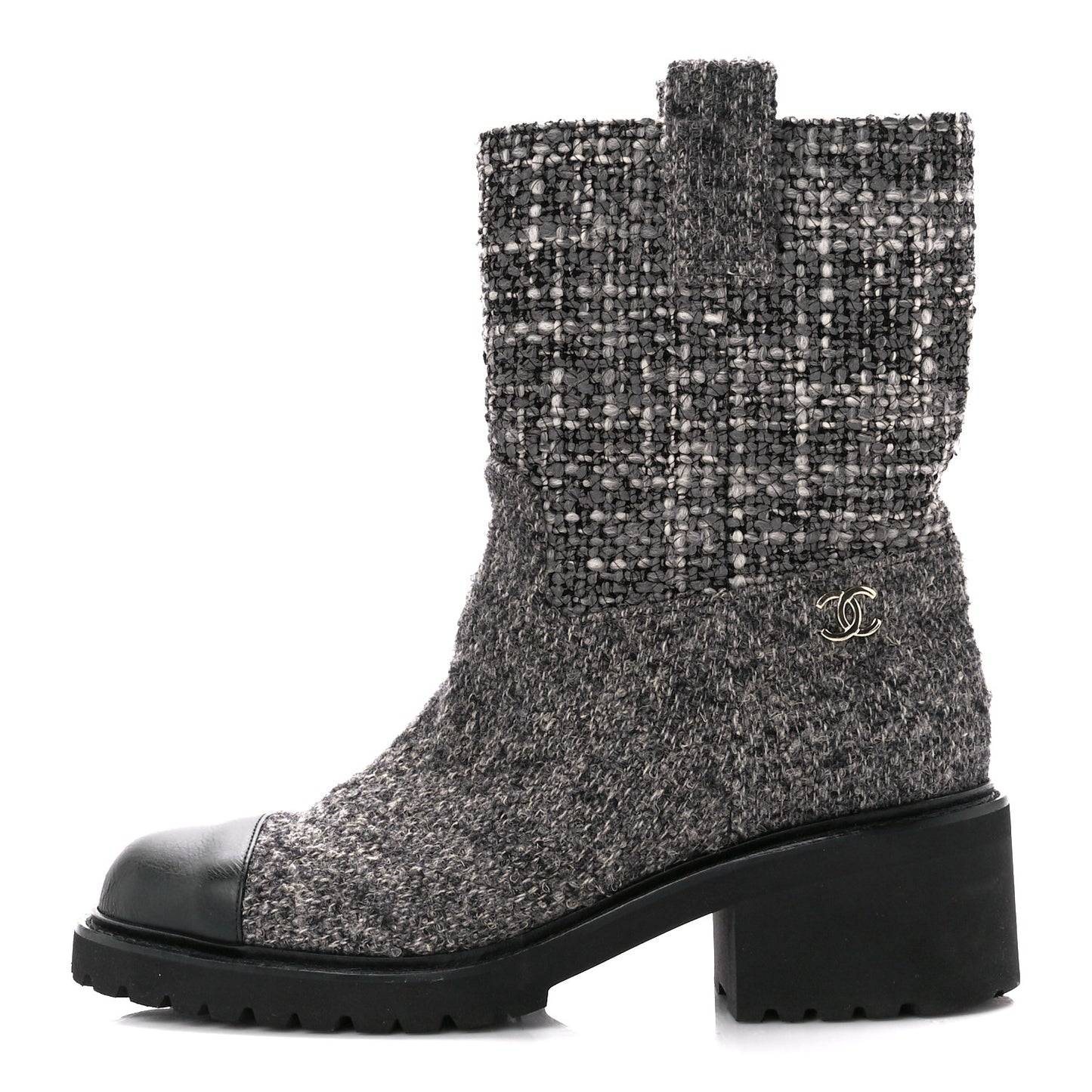 Wool Tweed CC Cap Toe Ankle Boots 39 Black Grey