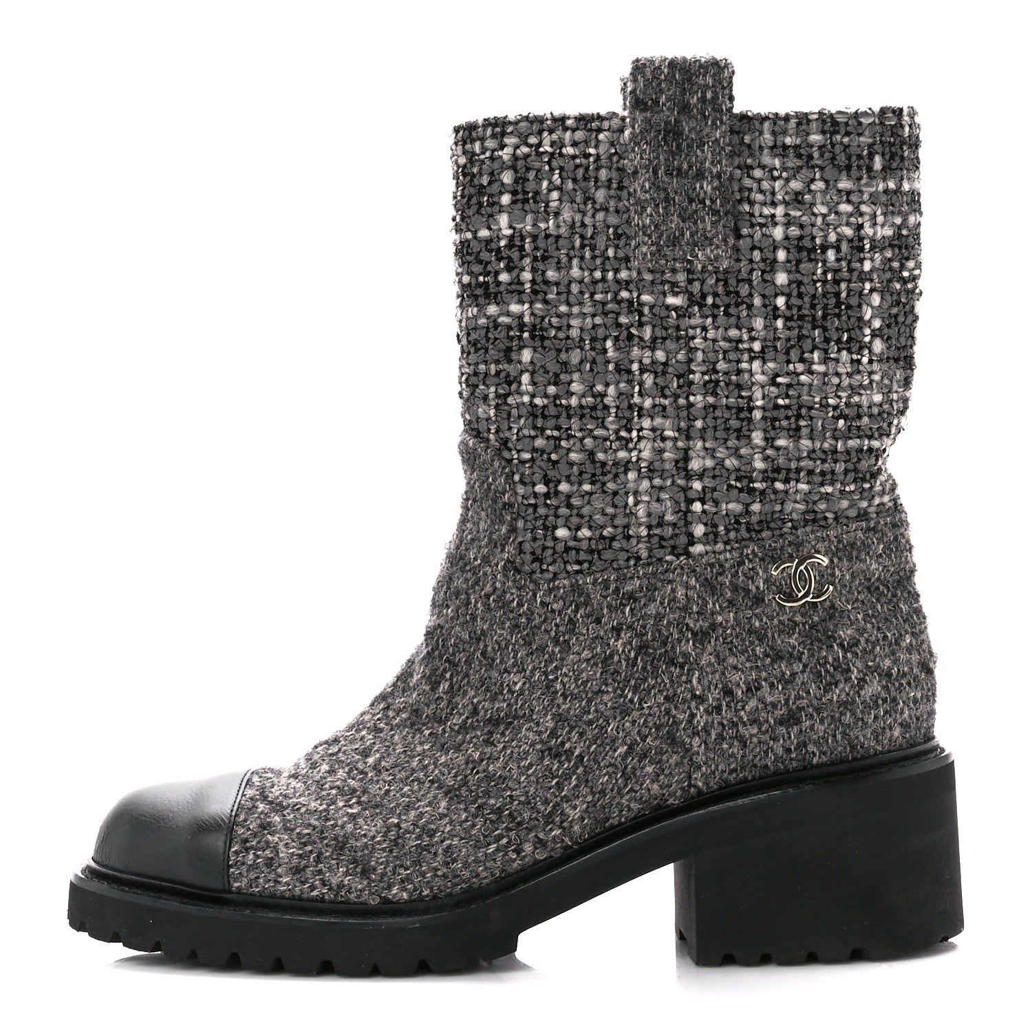 Chanel Wool Tweed CC Cap Toe Ankle Boots 39 Black Grey 1 of 9