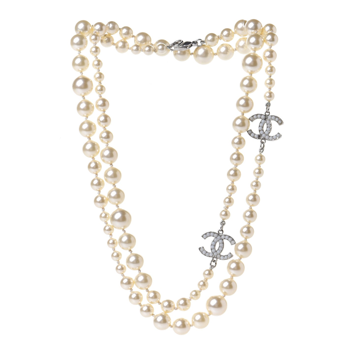 Graduated Pearl CC Long Necklace Silver