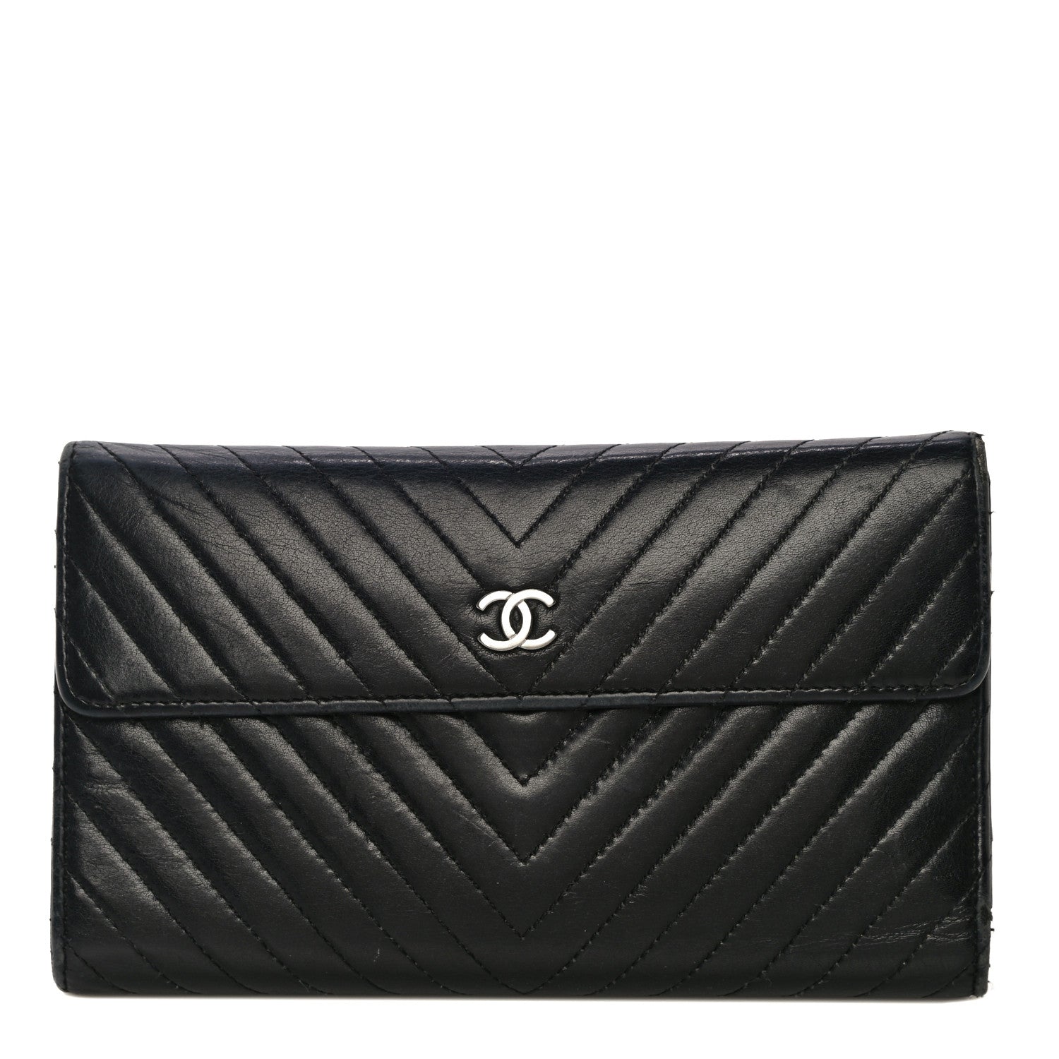 Chanel Lambskin Chevron Quilted Large Flap Clutch Wallet Black 1 of 22