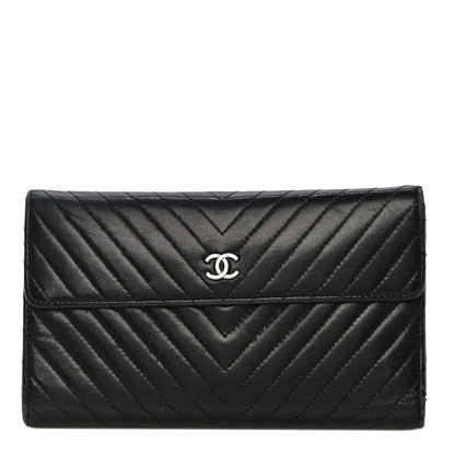 Chanel Lambskin Chevron Quilted Large Flap Clutch Wallet Black 1 of 22