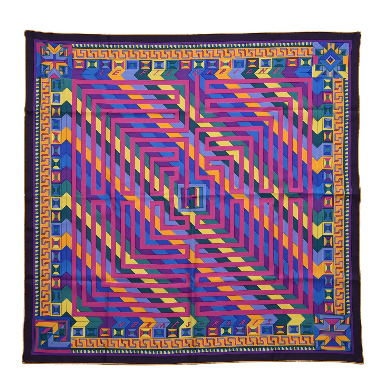 Hermes Silk Le Fil D'Ariane Scarf 90 Violet Vert Jaune 1 of 7