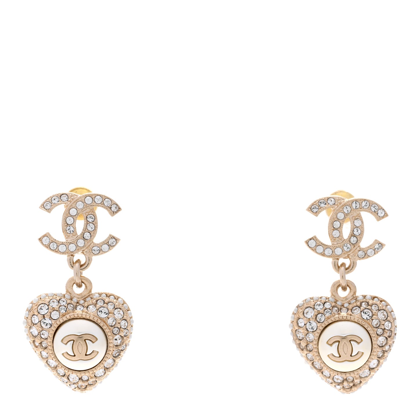 Pearl Crystal CC Heart Drop Earrings Gold White