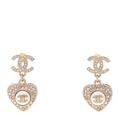 Chanel Pearl Crystal CC Heart Drop Earrings Gold White 1 of 5