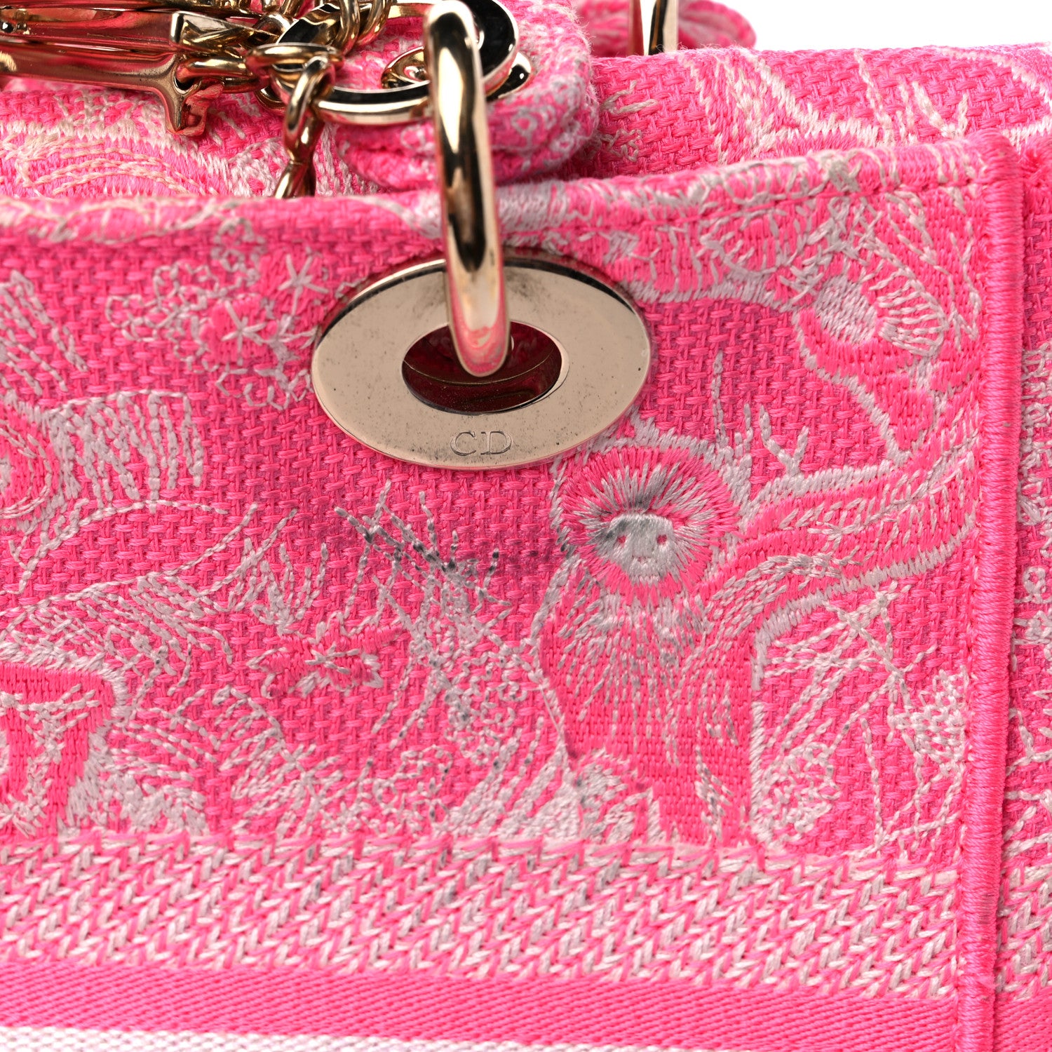Christian Dior Canvas Toile De Jouy Reverse Embroidered Medium Lady D-Lite Fluorescent Pink 14 of 17