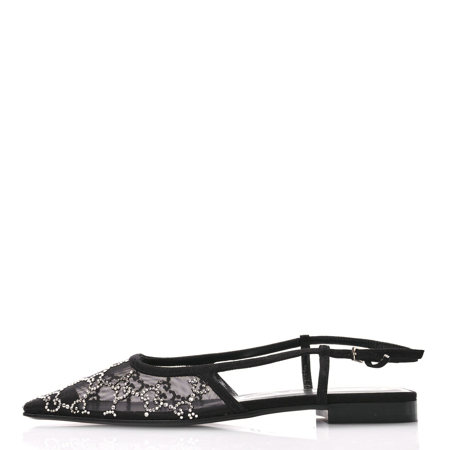Gucci Tela Retino Kid Scamosciato Crystal GG Monogram Square G Slingback Flat 37 Black 1 of 10
